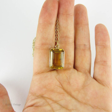 Antique Citrine Pendant, Large Emerald Cut Yellow Citrine in 15 Carat Gold Bezel Setting on 9 Karat 50.8 cm / 20 inch Chain.