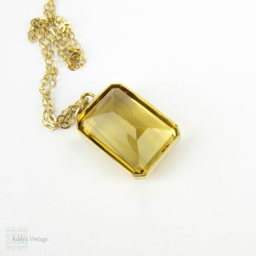 Antique Citrine Pendant, Large Emerald Cut Yellow Citrine in 15 Carat Gold Bezel Setting on 9 Karat 50.8 cm / 20 inch Chain.