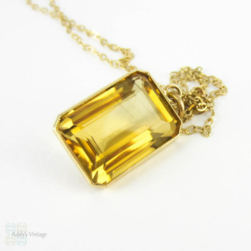 Antique Citrine Pendant, Large Emerald Cut Yellow Citrine in 15 Carat Gold Bezel Setting on 9 Karat 50.8 cm / 20 inch Chain.