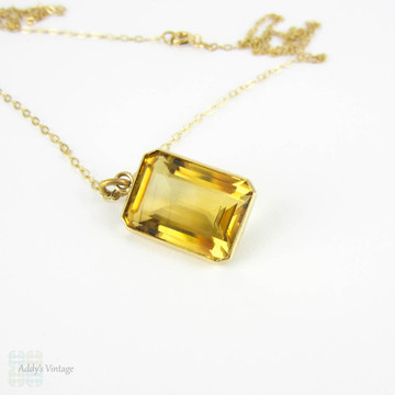 Antique Citrine Pendant, Large Emerald Cut Yellow Citrine in 15 Carat Gold Bezel Setting on 9 Karat 50.8 cm / 20 inch Chain.