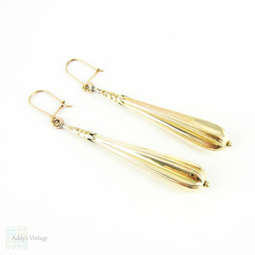 Antique Long Torpedo Drop Earrings, 15 Carat Yellow Gold Dangle Earrings. Late Victorian Circa 1890s.