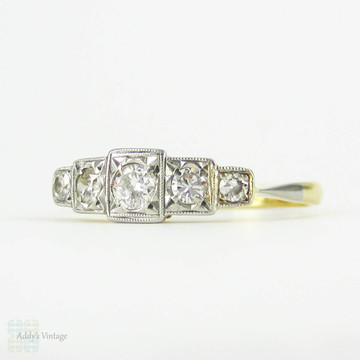 Vintage Five Stone Diamond Wedding Ring, 0.32 ctw Square Set Graduated Ring. Circa 1930s, 18ct & Platinum.