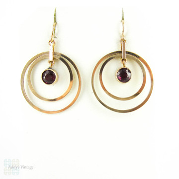 Retro Garnet 9ct Gold Earrings, Concentric Circle Articulated Pierced Dangle Earrings. Circa 1940s.
