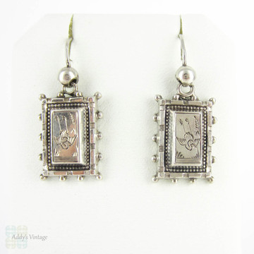Antique Aesthetic Movement Earrings, Sterling Silver Engraved Diving Swallow Bird Design Rectangle Dangle Earrings. Victorian 1880s.