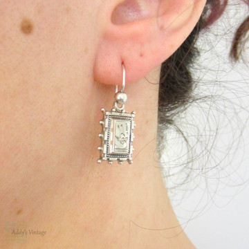 Antique Aesthetic Movement Earrings, Sterling Silver Engraved Diving Swallow Bird Design Rectangle Dangle Earrings. Victorian 1880s.