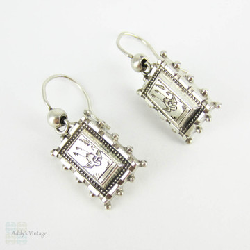 Antique Aesthetic Movement Earrings, Sterling Silver Engraved Diving Swallow Bird Design Rectangle Dangle Earrings. Victorian 1880s.