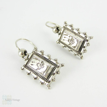 Antique Aesthetic Movement Earrings, Sterling Silver Engraved Diving Swallow Bird Design Rectangle Dangle Earrings. Victorian 1880s.