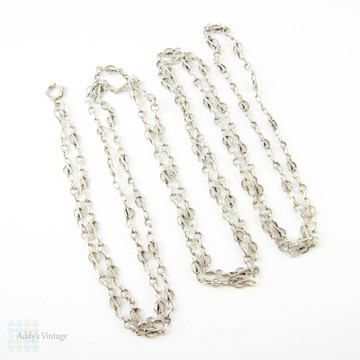 Antique French Silver Chain, Edwardian Fancy Link Long Guard Necklace with Engraved Intertwined Links. Circa 1900s, 136 cm / 53.5 inches.