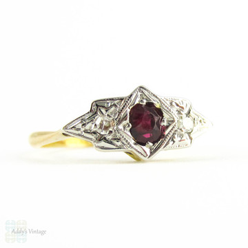 Art Deco Ruby & Diamond Engagement Ring, Three Stone Ring with Oval Cut Dark Red Ruby in Geometric Shape. Circa 1930s, 18ct & Plat.