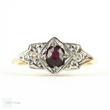 Art Deco Ruby & Diamond Engagement Ring, Three Stone Ring with Oval Cut Dark Red Ruby in Geometric Shape. Circa 1930s, 18ct & Plat.