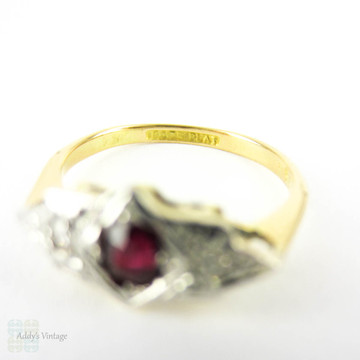 Art Deco Ruby & Diamond Engagement Ring, Three Stone Ring with Oval Cut Dark Red Ruby in Geometric Shape. Circa 1930s, 18ct & Plat.