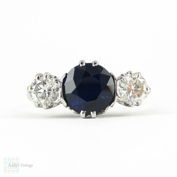 Sapphire & Old European Cut Diamond Engagement Ring, Three Stone Vintage Trilogy Ring, 2.41 ctw. Circa 1930s, 18ct & Platinum.