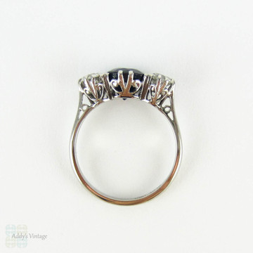 Sapphire & Old European Cut Diamond Engagement Ring, Three Stone Vintage Trilogy Ring, 2.41 ctw. Circa 1930s, 18ct & Platinum.