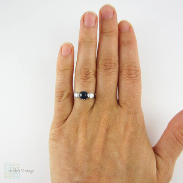 Sapphire & Old European Cut Diamond Engagement Ring, Three Stone Vintage Trilogy Ring, 2.41 ctw. Circa 1930s, 18ct & Platinum.