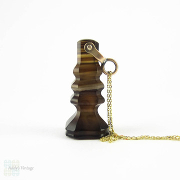 Antique Banded Agate Pendant, Victorian Chess Piece Shape Seal Charm Pendant on 9 Carat Gold Chain.