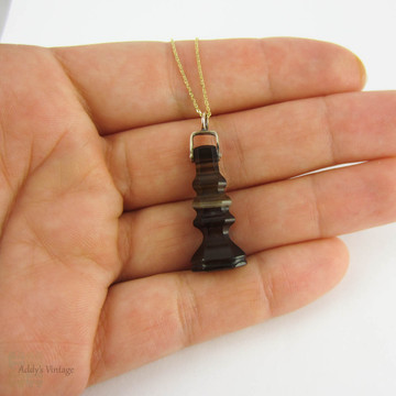 Antique Banded Agate Pendant, Victorian Chess Piece Shape Seal Charm Pendant on 9 Carat Gold Chain.