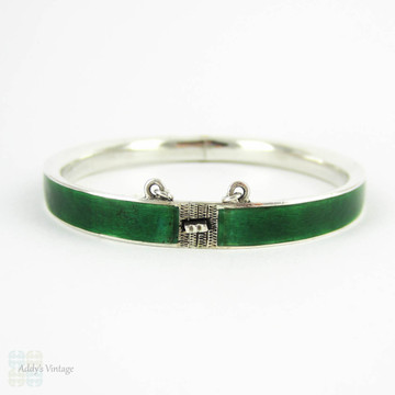 Vintage Green Enamel Bangle Bracelet, British Racing Green & Sterling Silver Bracelet. Circa Early 1900s.