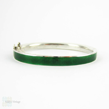 Vintage Green Enamel Bangle Bracelet, British Racing Green & Sterling Silver Bracelet. Circa Early 1900s.