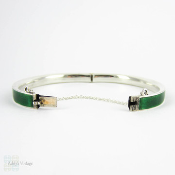 Vintage Green Enamel Bangle Bracelet, British Racing Green & Sterling Silver Bracelet. Circa Early 1900s.