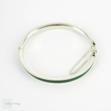 Vintage Green Enamel Bangle Bracelet, British Racing Green & Sterling Silver Bracelet. Circa Early 1900s.