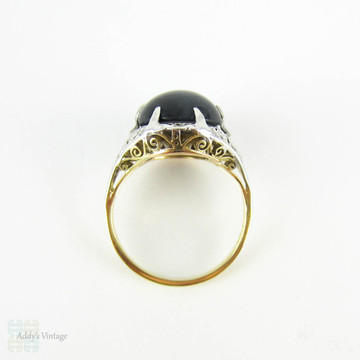 Vintage Spinel & Diamond Dress Ring, Filigree Setting with Large Black Spinel & Diamond Accents. Mid 20th Century, 14 Carat Gold.