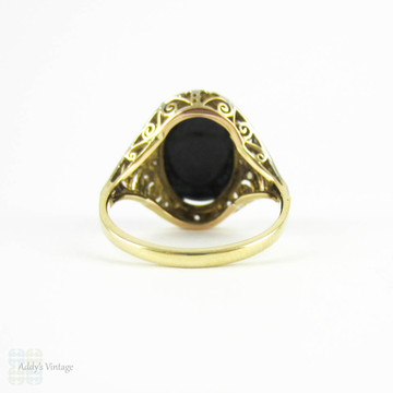 Vintage Spinel & Diamond Dress Ring, Filigree Setting with Large Black Spinel & Diamond Accents. Mid 20th Century, 14 Carat Gold.