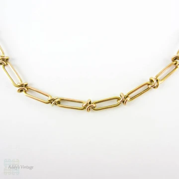 Antique 9 Carat Gold Chain, Long Oval Shape Open Trombone Links. Late Victorian 1880s, 43.5 cm / 17.1 inches.
