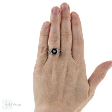 RESERVED Onyx & Diamond Vintage Platinum Filigree Ring, Engraved Mid Century Dress Ring.