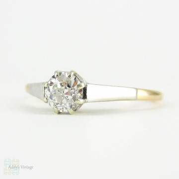 BALANCE. Antique Diamond Engagement Ring, 0.42 ct Old Mine Cut Diamond in Two Tone Classic Solitaire Setting. Circa 1880s, 18ct Gold.