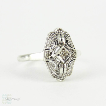 Vintage Art Deco Diamond & Sterling Silver Ring, Milgrain Engraved Diamond Set Panel Ring. Circa 1920s, 935 Silver.