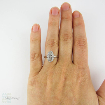 Vintage Art Deco Diamond & Sterling Silver Ring, Milgrain Engraved Diamond Set Panel Ring. Circa 1920s, 935 Silver.