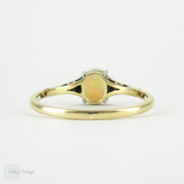 Vintage Opal Single Stone Ring, Oval Cabochon in 9 Carat White & Yellow Gold Setting. Circa 1940s.