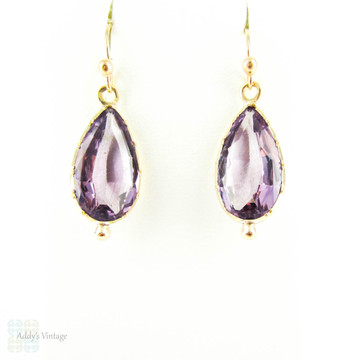 Antique Amethyst Earrings, Victorian Pear Cut Amethyst Drops in 14 Carat Gold, Circa 1870s.