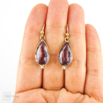 Antique Amethyst Earrings, Victorian Pear Cut Amethyst Drops in 14 Carat Gold, Circa 1870s.