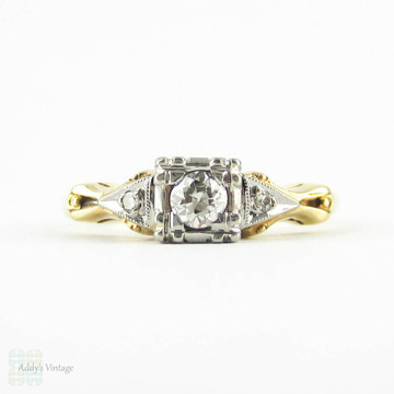 Vintage Two Tone Diamond Engagement Ring, Old European Cut Diamond in Fishtail 1940s Setting. 14 Carat Gold.