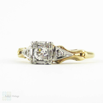 Vintage Two Tone Diamond Engagement Ring, Old European Cut Diamond in Fishtail 1940s Setting. 14 Carat Gold.