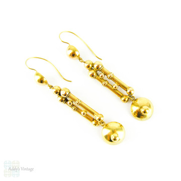 Antique Victorian Dangle Earrings, Long 15 Carat Gold Articulated Dome & Rod Earrings. Circa 1880s.
