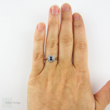 Art Deco Sapphire & Diamond Engagement Ring, Square Blue Sapphire with Milgain Detail Diamond Halo. Circa 1920s, 18ct Platinum.