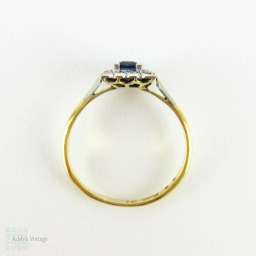 Art Deco Sapphire & Diamond Engagement Ring, Square Blue Sapphire with Milgain Detail Diamond Halo. Circa 1920s, 18ct Platinum.