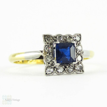 Art Deco Sapphire & Diamond Engagement Ring, Square Blue Sapphire with Milgain Detail Diamond Halo. Circa 1920s, 18ct Platinum.