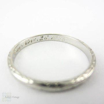 Art Deco Platinum Wedding Band, Engraved Scroll & Flower Design Wedding Ring. Circa 1930s, Size J.5 / 5.