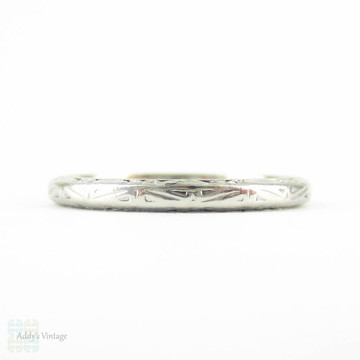 Art Deco Platinum Wedding Band, Engraved Scroll & Flower Design Wedding Ring. Circa 1930s, Size J.5 / 5.