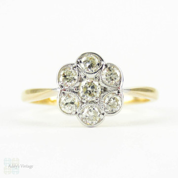 RESERVED. Vintage Daisy Engagement Ring, Flower Shape Diamond Cluster Ring. Circa 1940s, 18 Carat & Platinum.