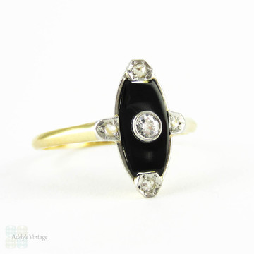 Art Deco Onyx & Diamond Dress Ring, Navette Shape Onyx with Old European & Rose Cut Diamonds. Circa 1920s, 18 Carat Gold.