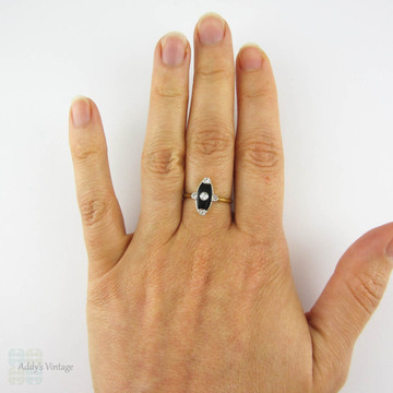 Art Deco Onyx & Diamond Dress Ring, Navette Shape Onyx with Old European & Rose Cut Diamonds. Circa 1920s, 18 Carat Gold.