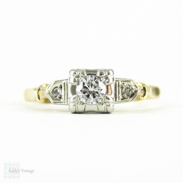 Vintage 1940s Diamond Engagement Ring, 14 Carat Yellow & White Gold Three Stone Diamond Ring.
