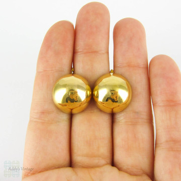 Vintage French 18 Carat Gold Earrings, Circle Sphere Shape Pierced Earrings. Mid 20th Century.