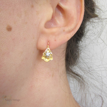 Vintage French 18 Carat Gold Dormeuse Earrings, Fan Design Set with White Spinel. Circa Mid 20th Century.