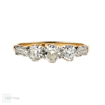 Diamond Three Stone Engagement Ring, Vintage Trilogy Style Ring in 18 Carat Gold & Platinum. Circa 1940s, 0.38 ctw.