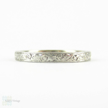 Antique Platinum Engraved Wedding Ring, Foliate Style Scrolling Design Wedding Band. Circa 1900, Size L / 5.75.